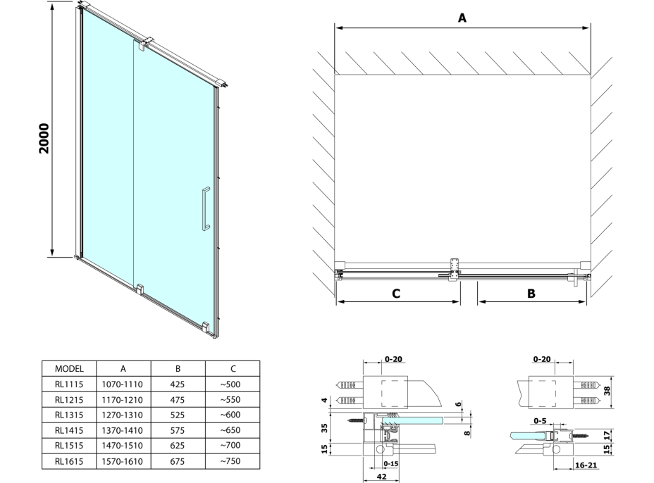 Polysan ROLLS LINE sprchové dvere 1100mm, výška 2000mm, číre sklo RL1115