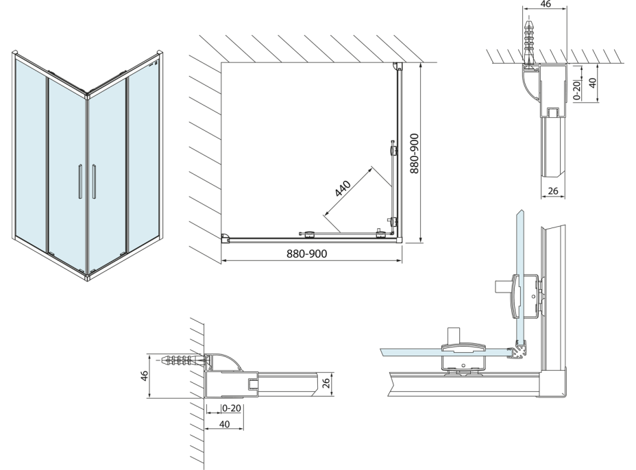 Polysan LUCIS LINE štvorcová sprchová zástena 900x900mm, číre sklo DL1615