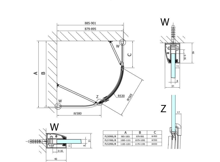 Polysan FORTIS LINE štvrťkruhová sprchová zástena 1000x900x2000, pravá FL5090R