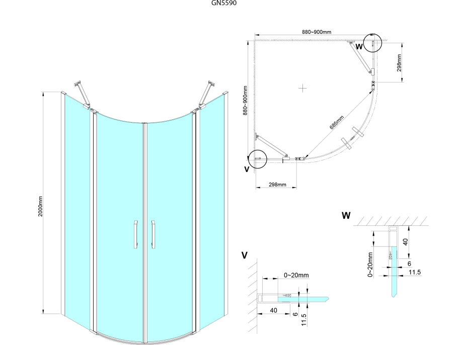 Gelco LORO štvrťkruhová sprchová zástena 900x900mm, číre sklo GN5590