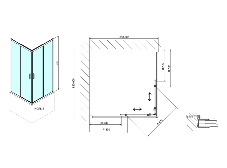 Polysan CARMEN štvorcová sprchová zástena 900x900x1500mm, číre sklo MD5115