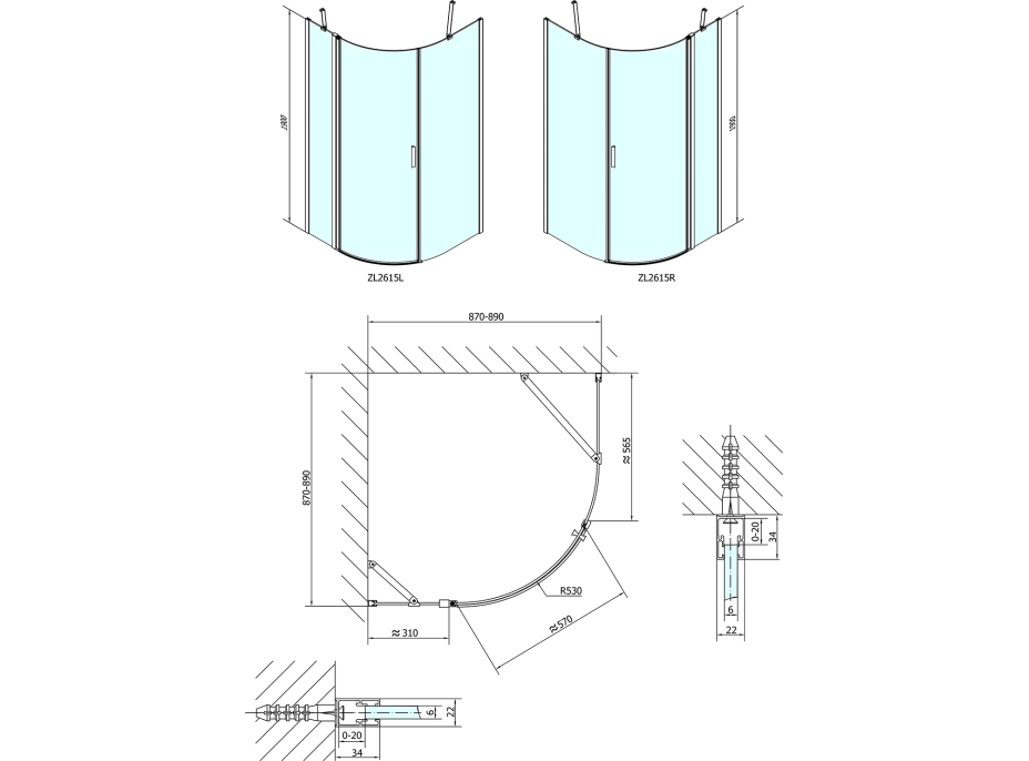 Polysan ZOOM LINE štvrťkruhová sprchová zástena 900x900mm, číre sklo, ľavá ZL2615L