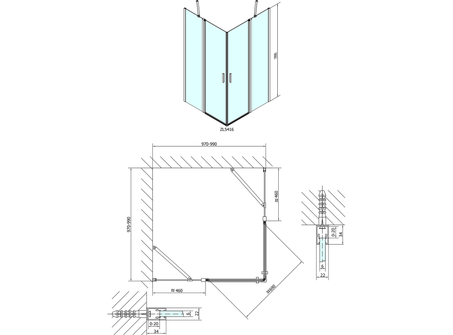 Polysan ZOOM LINE štvorcová sprchová zástena 1000x1000mm, číre sklo ZL5416