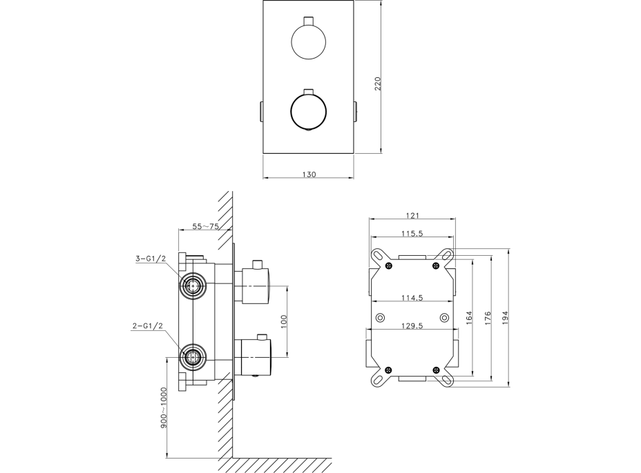 Sapho KIMURA podomietková sprchová termostatická batéria, box, 3 výstupy, chróm KU383