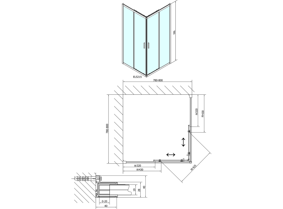 Polysan EASY LINE štvorcová sprchová zástena 800x800mm, číre sklo EL5215