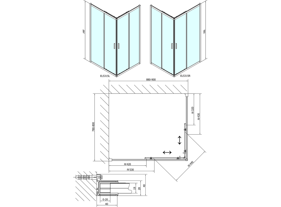 Polysan EASY LINE obdĺžniková sprchová zástena 900x800mm, číre sklo EL5315