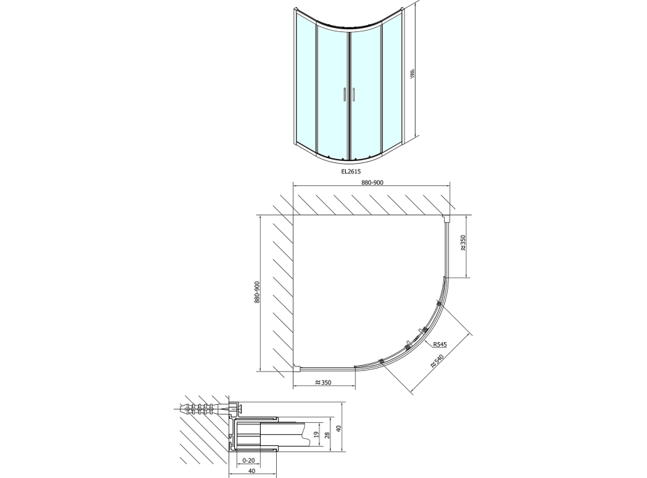 Polysan EASY LINE štvrťkruhová sprchová zástena 900x900mm, L/R, číre sklo EL2615