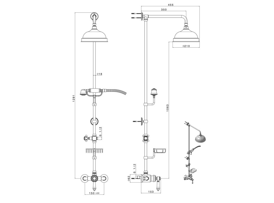 Sapho VIENNA sprchový stĺp s pákovou batériou, mydelnička, 1291mm, bronz VO138BR