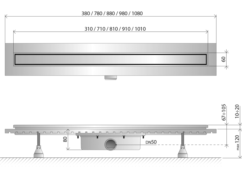 Omp Tea ESSEFLOW nerezový podlahový žľab s roštom, L-1080, DN50 6963.401.8