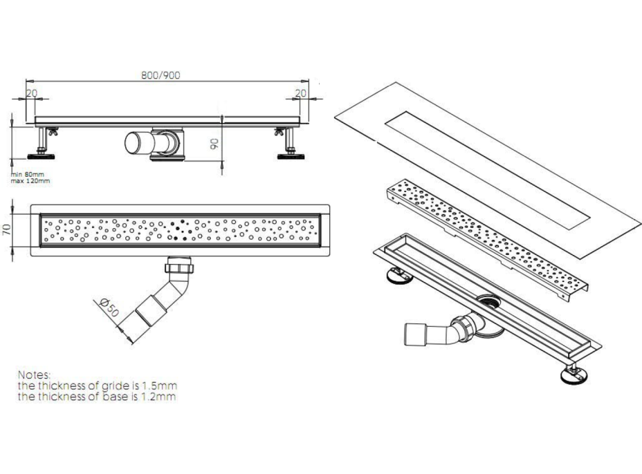 Aqualine BUCANERA nerezový podlahový žľab s roštom, L-900, DN50 NO3190