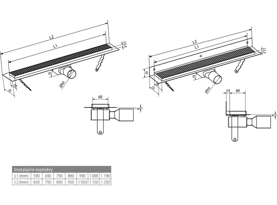 Gelco MANUS QUADRO nerezový podlahový žľab s roštom, L-1150, DN50 GMQ37