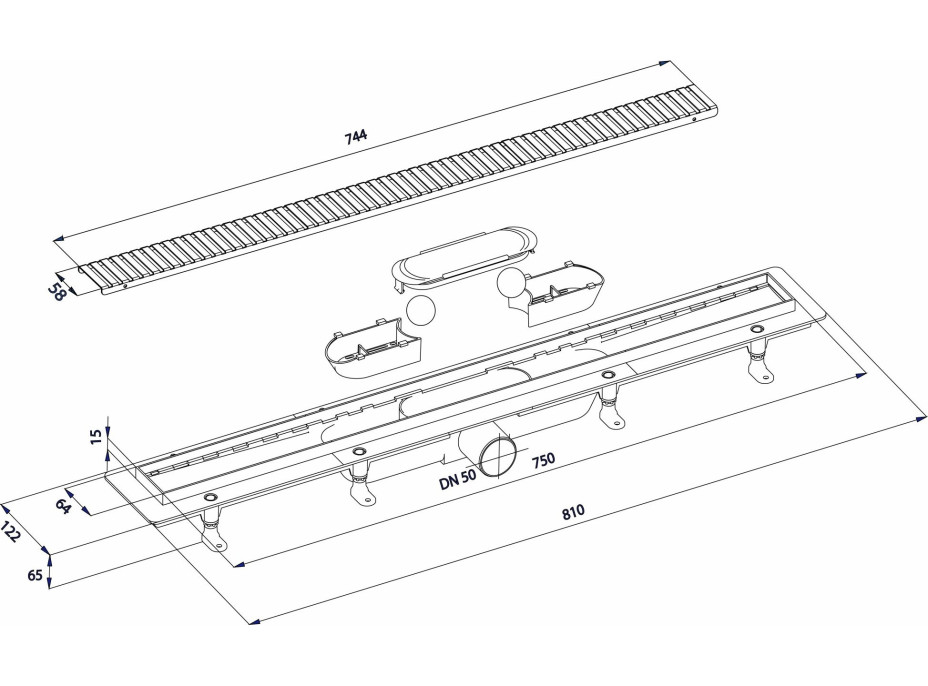 Bruckner Podlahový žľab s nerezovým roštom, L-810, DN50 700.158.2