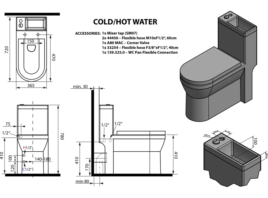 Aqualine HYGIE WC kombi s umývadlom, zadný/spodný odpad, biela PB104W