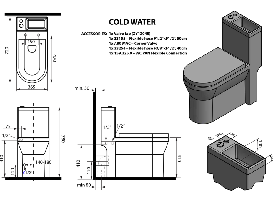 Aqualine HYGIE WC kombi s umývadlom, zadný/spodný odpad, biela PB104W