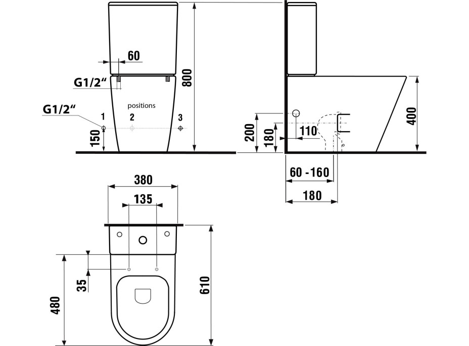 Sapho PACO WC kombi, Rimless, spodný/zadný odpad, biela PC1012WR