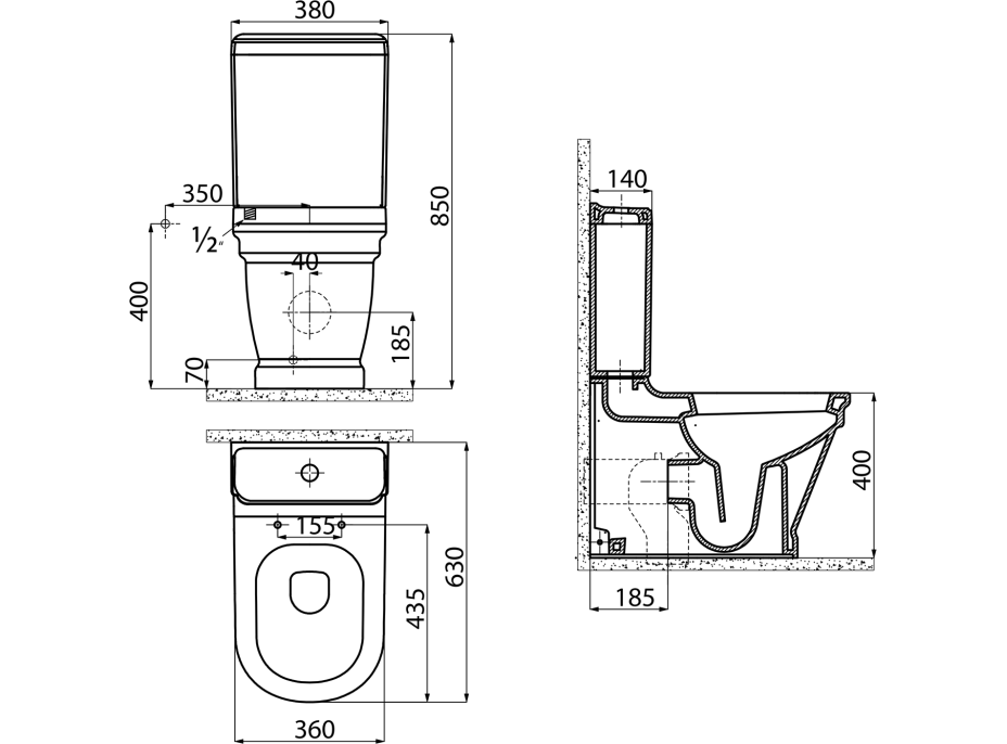 CREAVIT ANTIK WC misa kombi, zadný/spodný odpad, 37x63cm, biela AN360