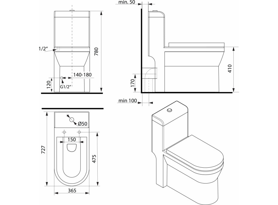 Sapho HUBERT WC kombi, spodný/zadný odpad, biela PB304