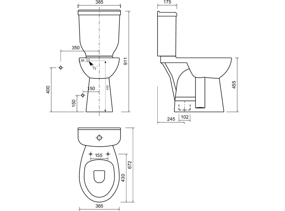 CREAVIT HANDICAP WC misa kombi, zvýšený sedák, spodný odpad, 36, 5x67, 2cm, biela BD305