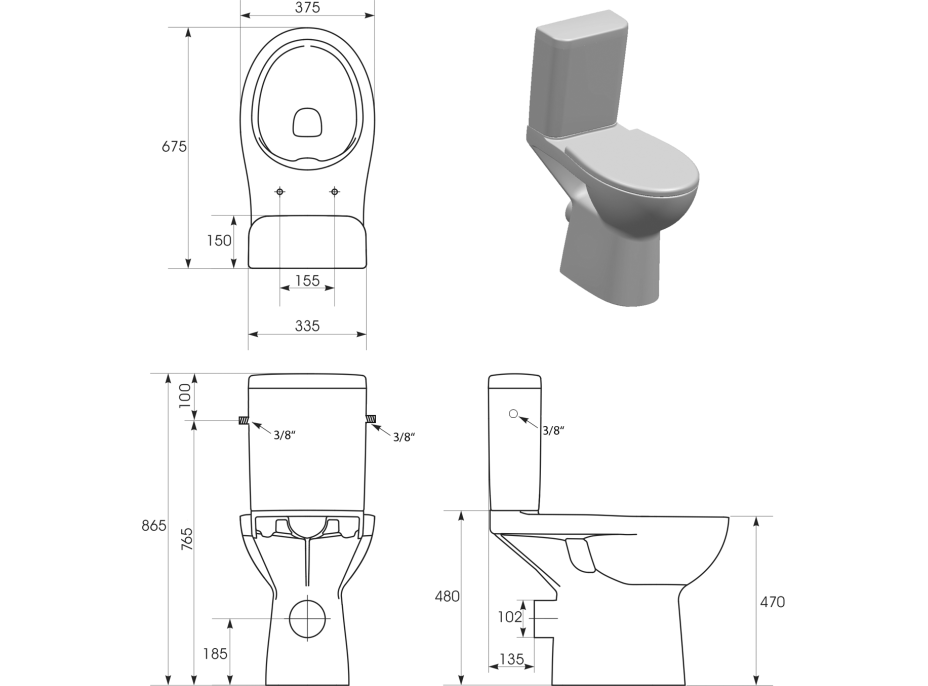 Sapho HANDICAP WC kombi zvýšený sedák, Rimless, zadný odpad, biela K11-0221