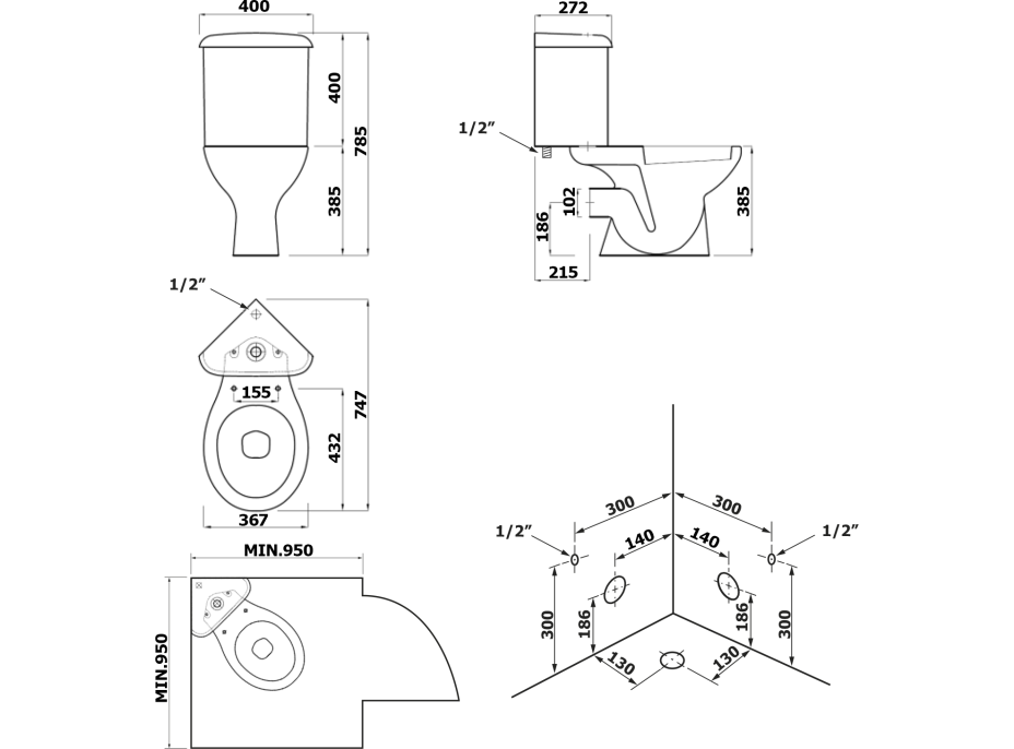 Aqualine CLIFTON rohové WC kombi, dvojtlačítko 3/6l, zadný/spodný odpad, biela FS1PK