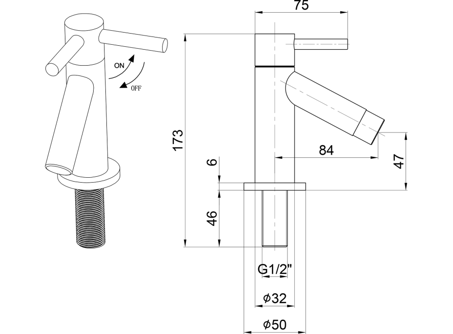 Aqualine Stojankový guľový ventil 1/2", 128mm, chróm ZY12045