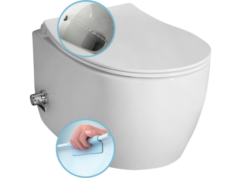 Isvea SENTIMENTI CLEANWASH závesná WC misa, Rimless, integrovaný ventil a bidet. spŕška, 36x51cm, biela 10ARS1010