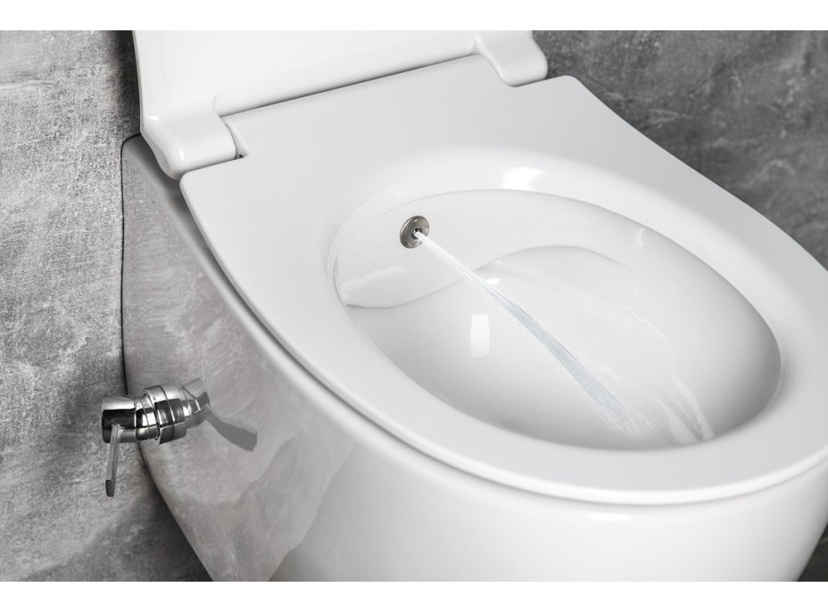 Isvea SENTIMENTI CLEANWASH závesná WC misa, Rimless, integrovaný ventil a bidet. spŕška, 36x51cm, biela 10ARS1010