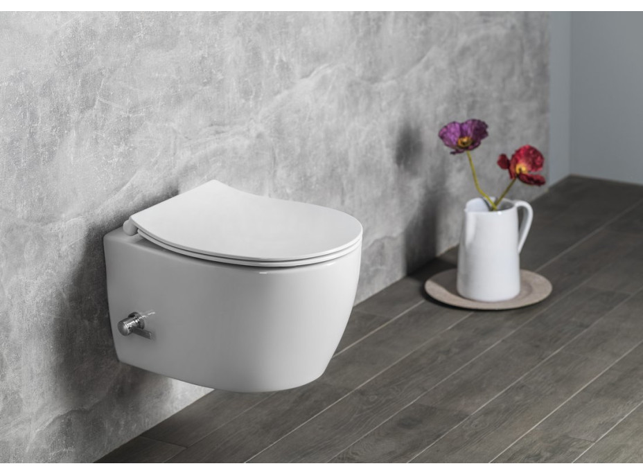 Isvea SENTIMENTI CLEANWASH závesná WC misa, Rimless, integrovaný ventil a bidet. spŕška, 36x51cm, biela 10ARS1010