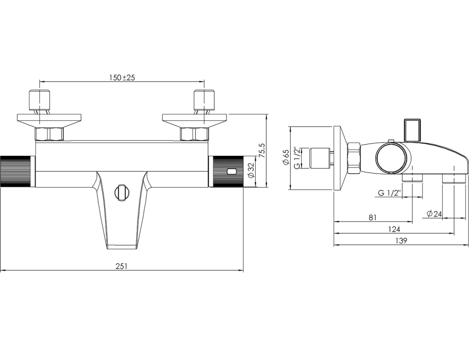 Aqualine ACTION nástenná vaňová termostatická batéria, chróm MB106