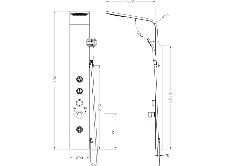 Aqualine TUSA sprchový panel, výška 1400mm, strieborná SL680