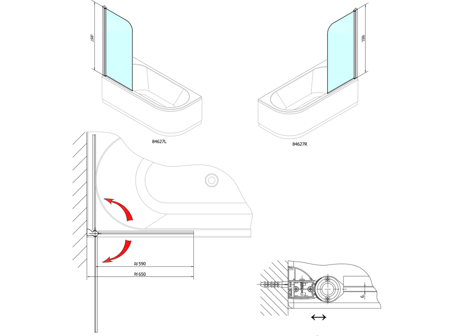 Polysan SPERA 65 vaňová zástena 650mm, číre sklo BS-65