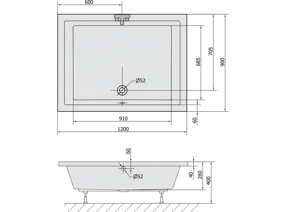 Polysan DEEP hlboká sprchová vanička s konštrukciou, obdĺžnik 120x90x26cm, biela 72392