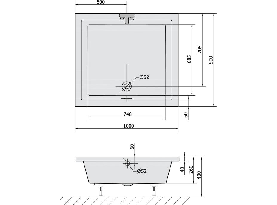 Polysan DEEP hlboká sprchová vanička s konštrukciou, obdĺžnik 100x90x26cm, biela 72349