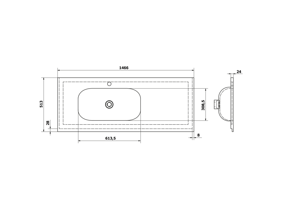 Sapho TREOS umývadlo 146, 6x51, 3 cm, rockstone, ľavé, biela mat TS147-0101-L