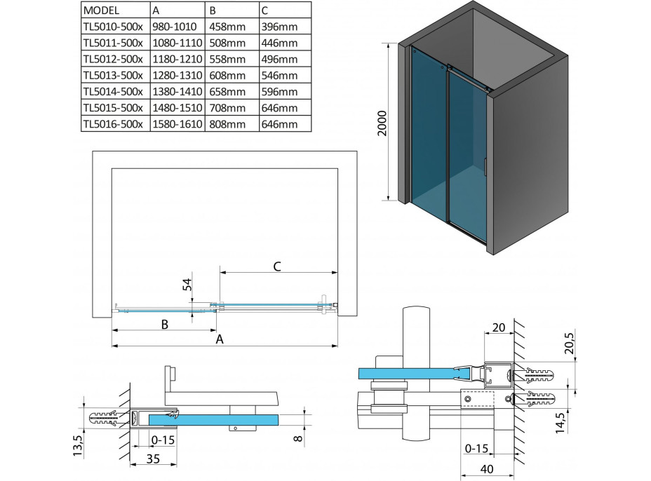 Polysan THRON LINE SQUARE sprchové dvere 1000 mm, hranaté pojazdy, číre sklo TL5010-5002