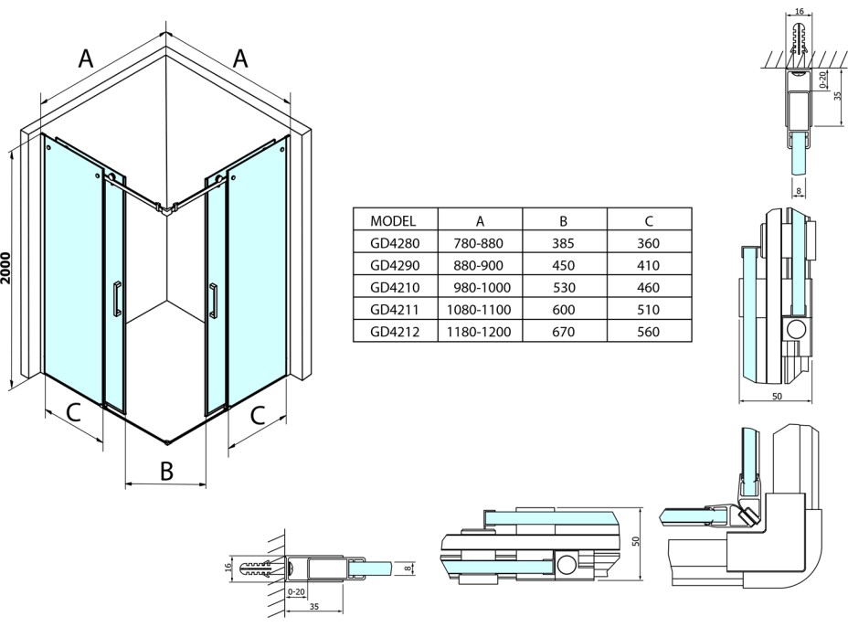 Gelco DRAGON štvorcový sprchovací kút 1000x1000mm L/P variant, rohový vstup GD4210GD4210