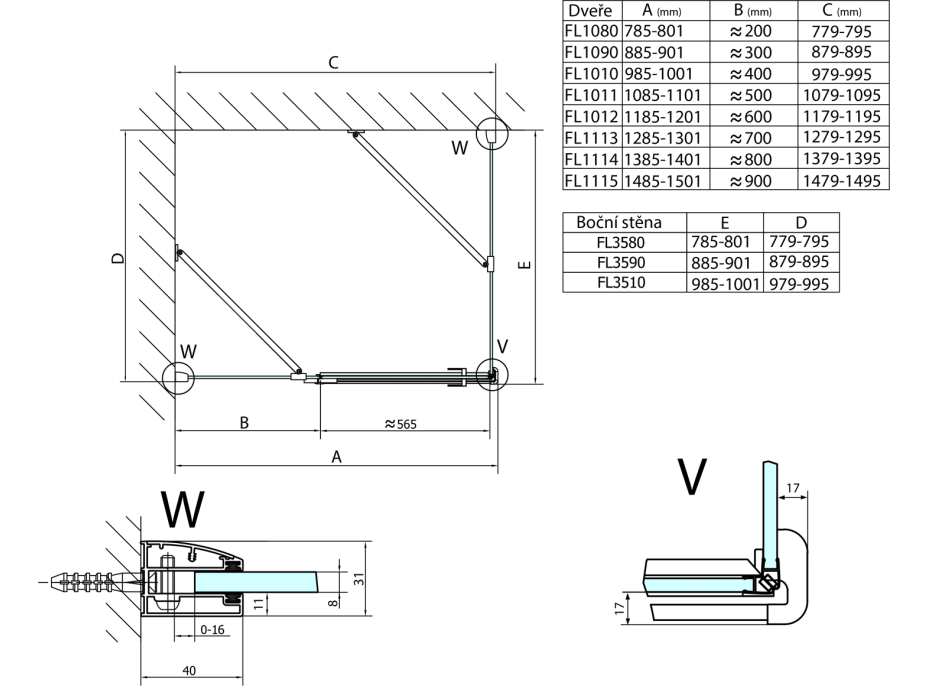 Polysan FORTIS LINE obdĺžnikový sprchovací kút 800x1000 mm, R variant FL1080RFL3510