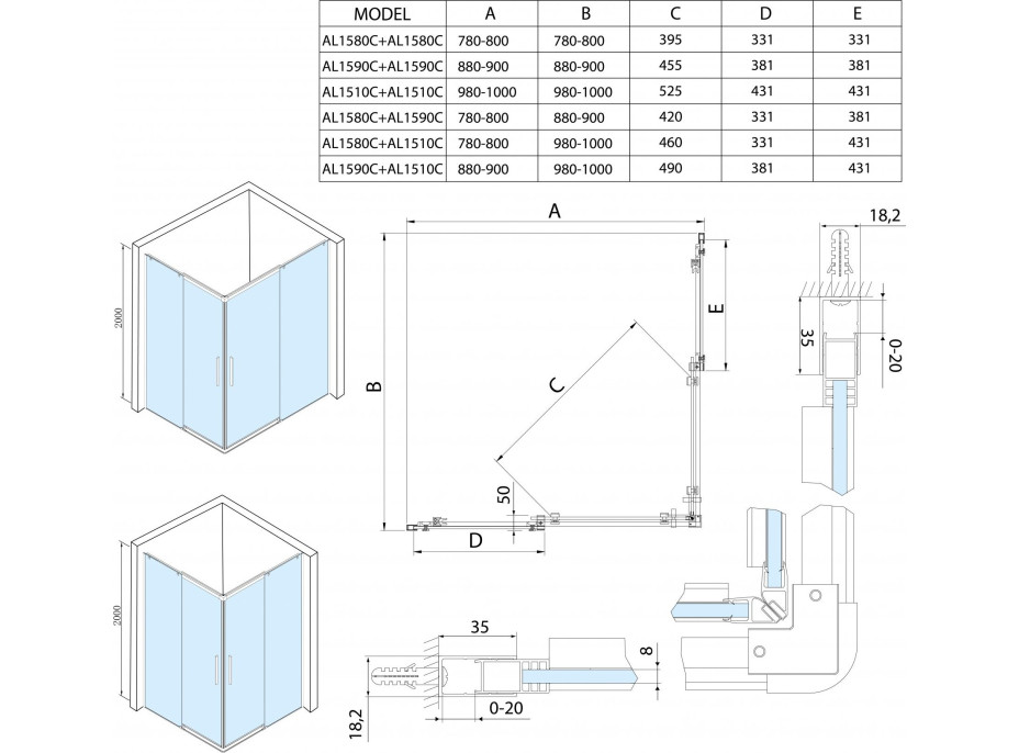 Polysan ALTIS LINE obdĺžnikový sprchovací kút 900x800 mm, L/P variant, rohový vstup, číre sklo AL1590CAL1580C