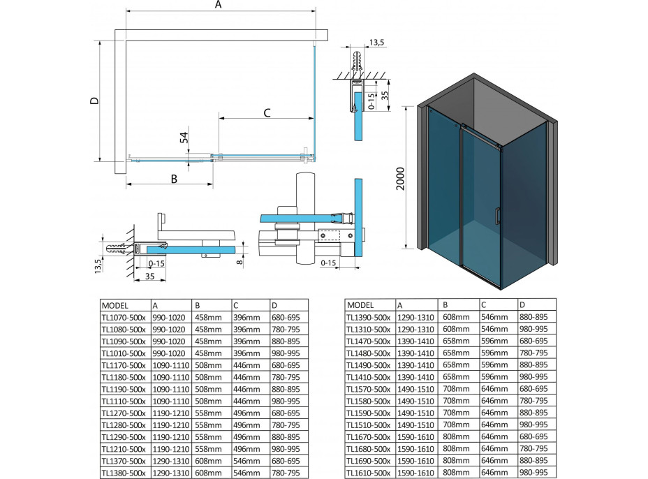 Polysan THRON LINE SQUARE obdĺžnikový sprchovací kút 1200x700mm, hranaté pojazdy TL1270-5002