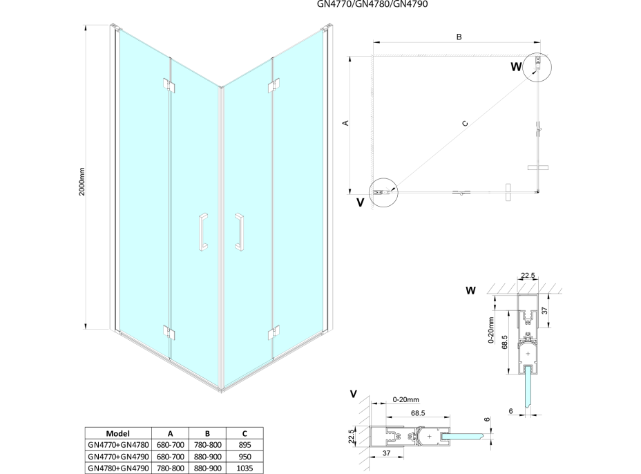 Gelco LORO obdĺžnikový sprchovací kút 800x700mm, rohový vstup GN4780-02