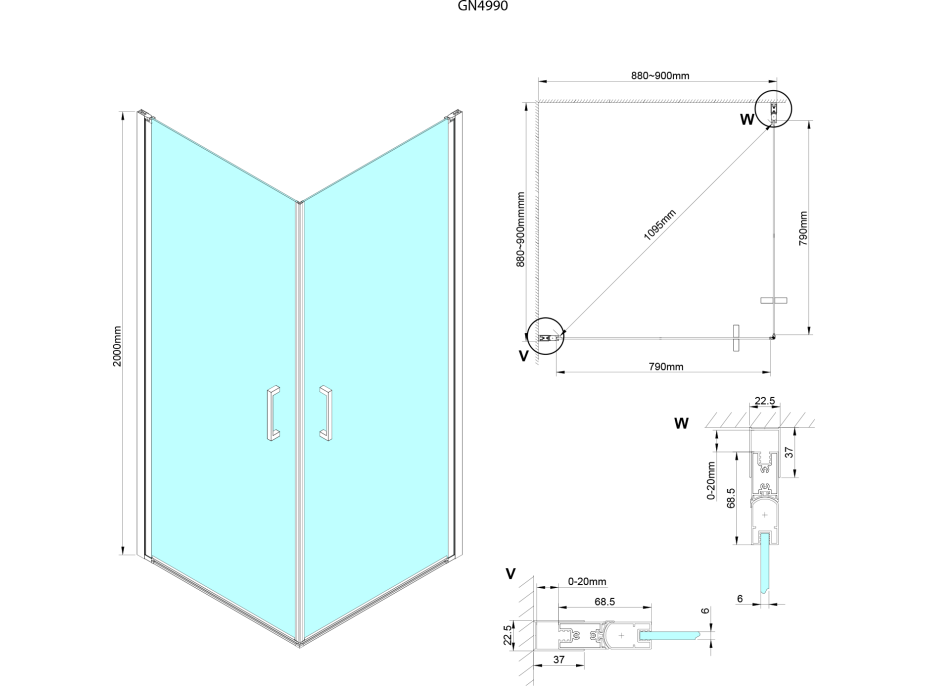 Gelco LORO štvorcový sprchovací kút 900x900 mm, rohový vstup GN4990-01