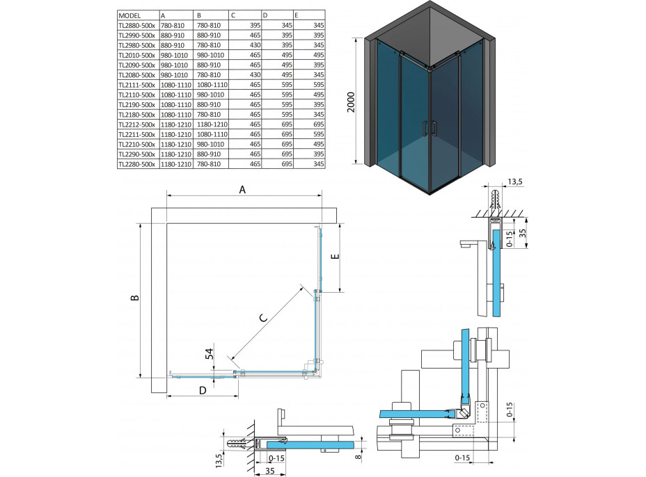 Polysan THRON LINE SQUARE obdĺžnikový sprchovací kút 900x800mm, hranaté pojazdy, rohový vstup TL2980-5002