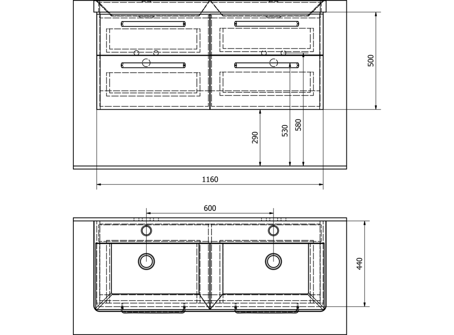 Sapho THEIA dvojumývadlová skrinka 116x50x44, 2cm, 4xzásuvka, dub strieborný TH120-1111