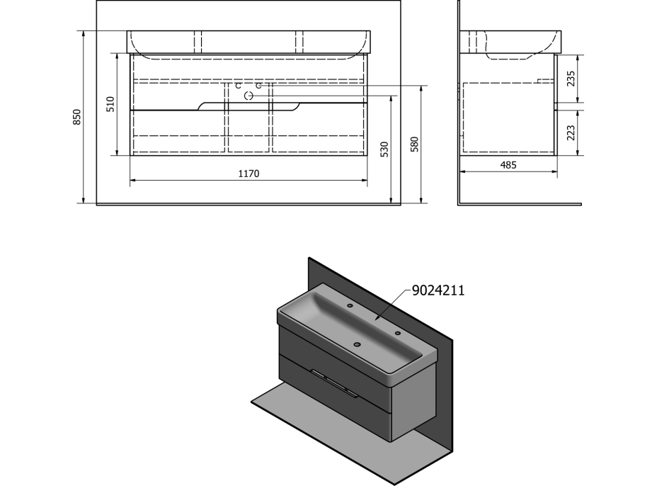 Sapho MEDIENA umývadlová skrinka 117x50, 5x48, 5cm, biela mat/dub graphite MD121