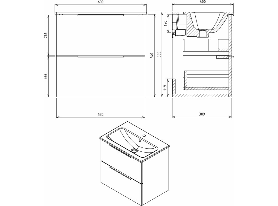 Sapho CIRASA umývadlová skrinka 58x54x39cm, dub strieborný CR592-1111