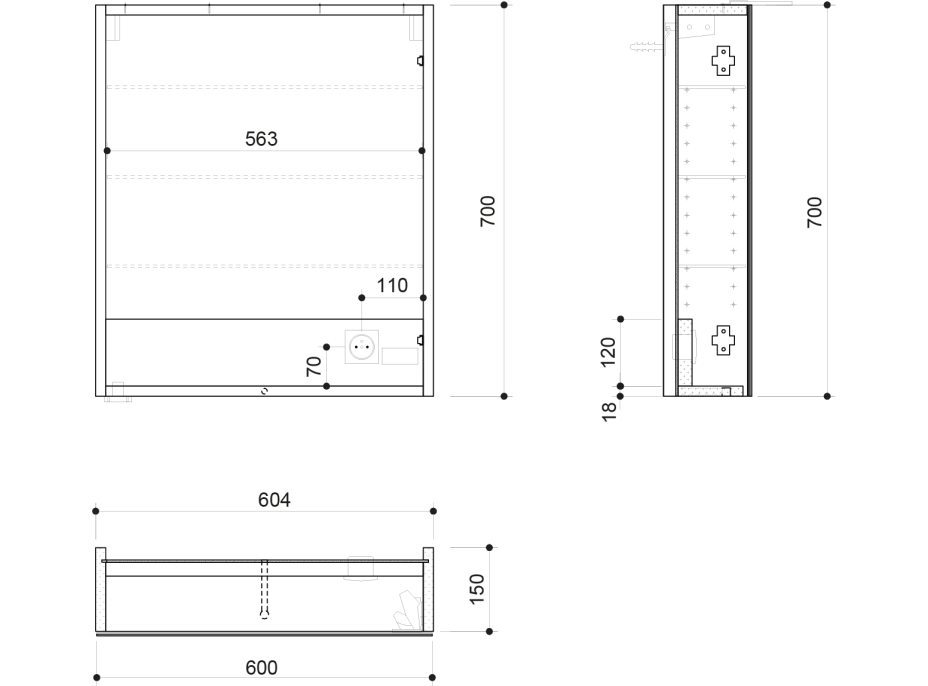 Sapho LINEX galerka s LED osvetlením, 60x70x15cm, ľavá/pravá, dub strieborný LX060-0011