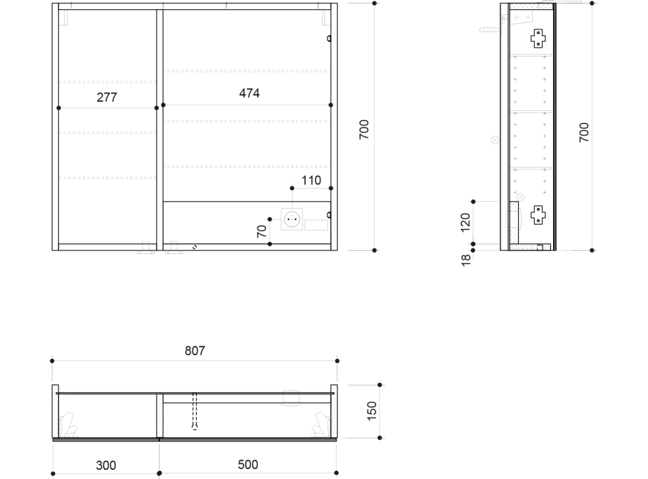 Sapho LINEX galerka s LED osvetlením, 80x70x15cm, dub strieborný LX080-0011