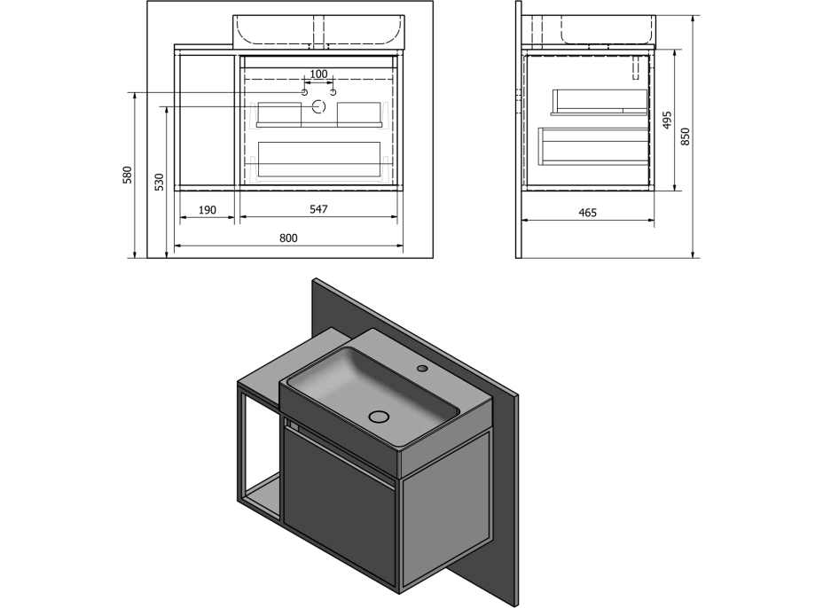 Sapho SKARA umývadlová skrinka 80x49, 5x46, 5cm, čierna mat/dub Alabama CG003-2222