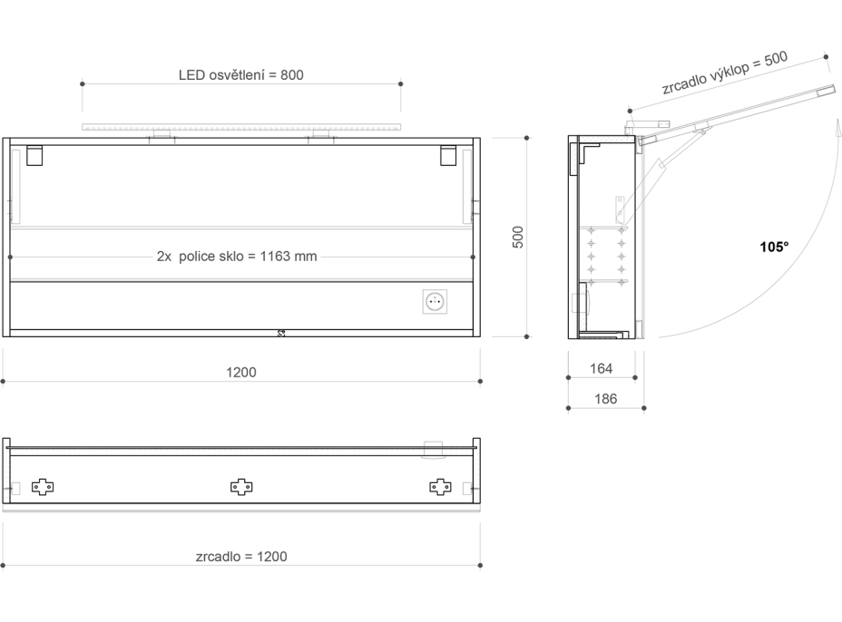 Sapho CLOE galerka s LED osvetlením 120x50x18cm, dub alabama CE120-0022