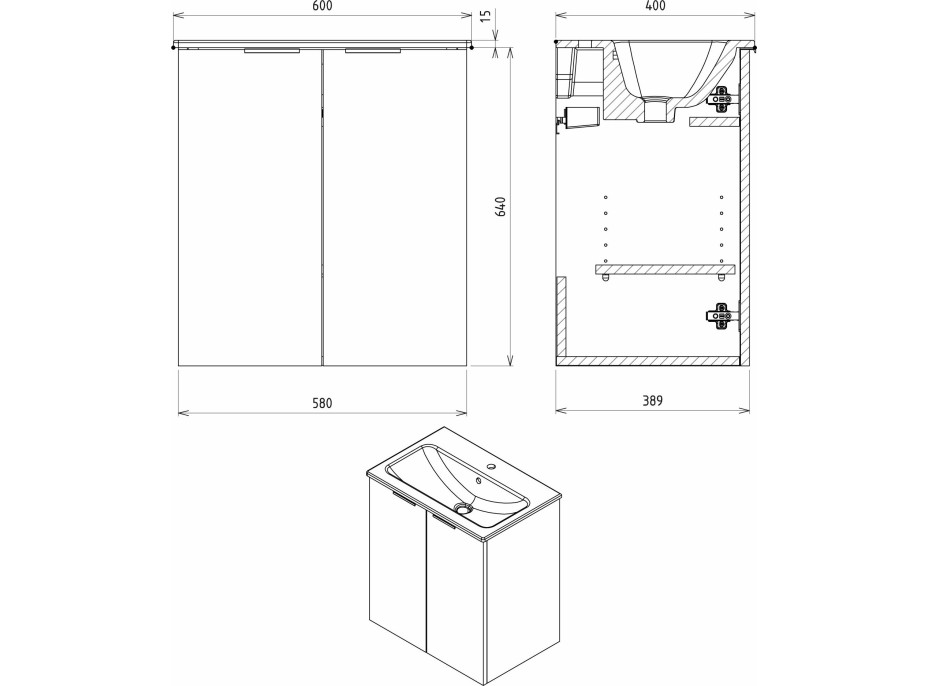 Sapho CIRASA umývadlová skrinka 58x64x39cm, 2x dvierka, dub Alabama CR581-2222